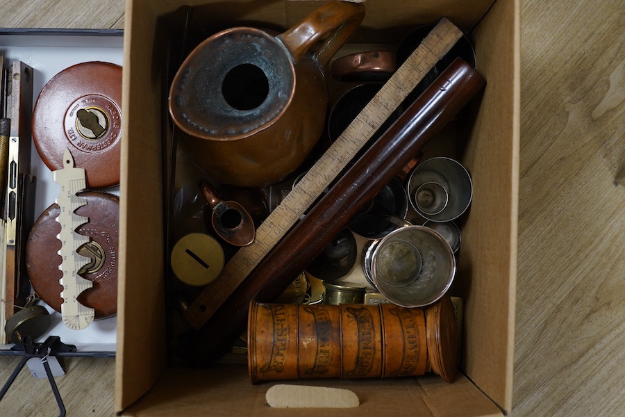 A group of 19th/20th century copper and brass measures, bone and wood rules etc. Condition - varies